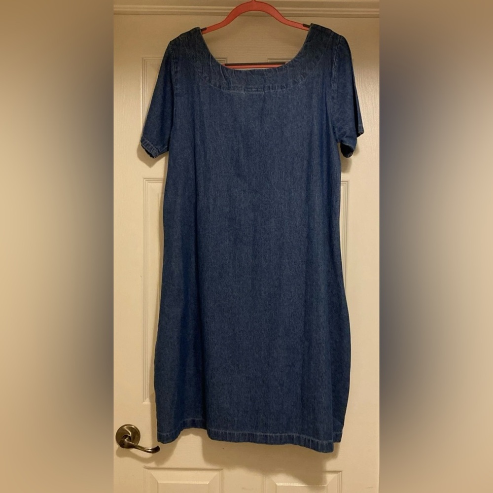 The Vermont Country Store Blue Denim Embroidered Floral Midi Dress - Picture 4 of 8